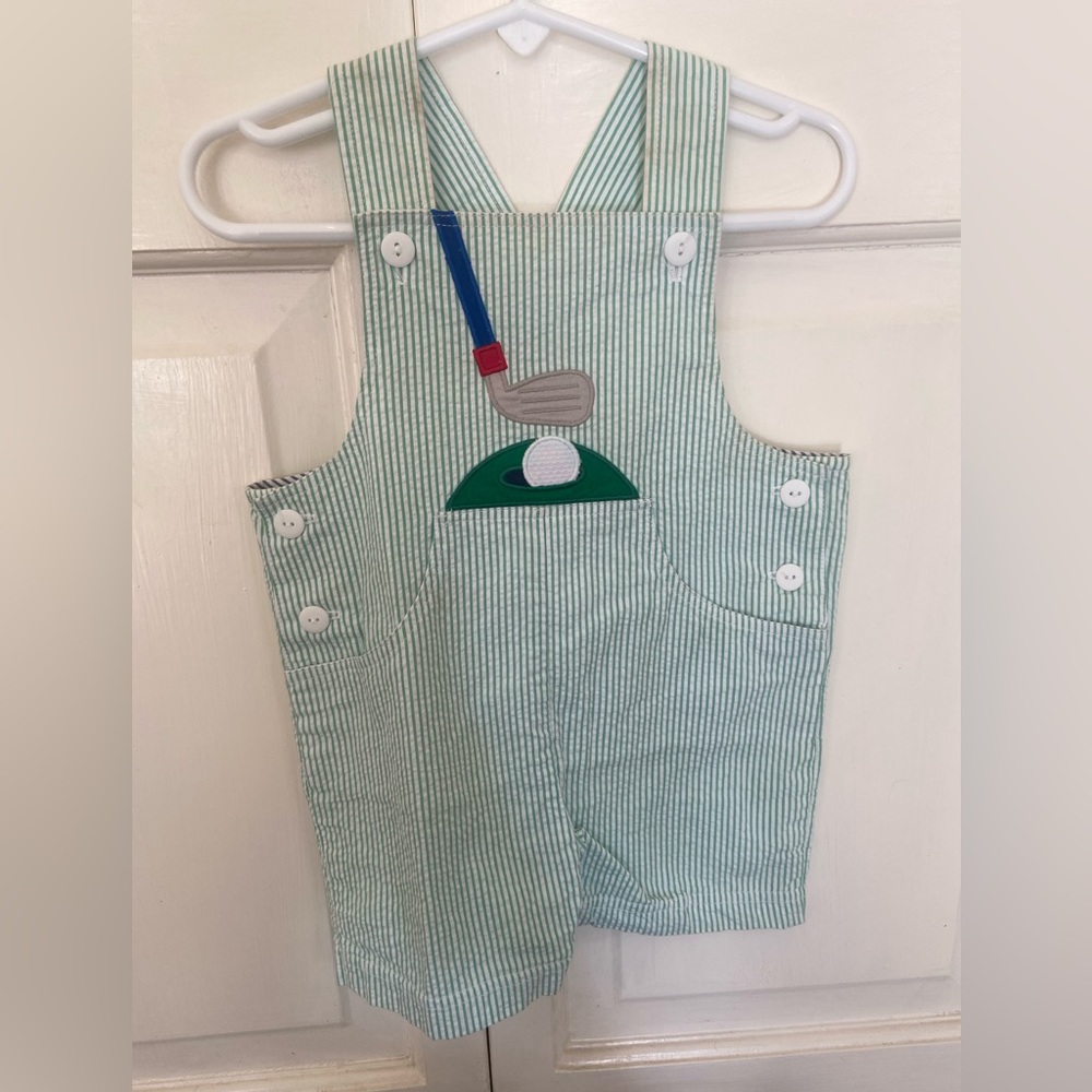 Florence Eiseman golf motif green seersucker John John with pockets. 18m